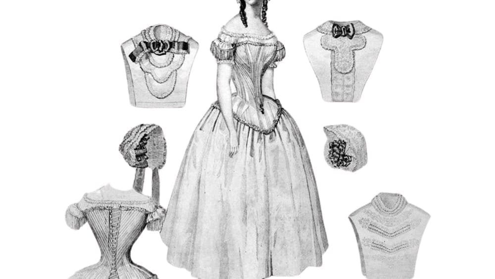 Historical sketch of a woman wearing 16th century dress with wide skirt