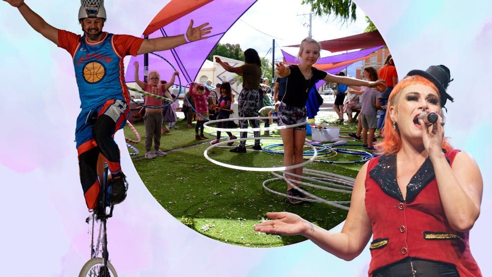 Man on a unicycle with a basketball ring on his head, kids playing with hula hoops & a woman singing