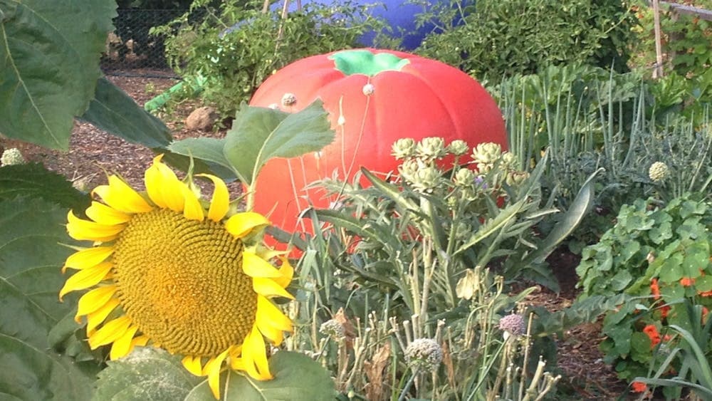 Big toy replicas of food and a sunflower in a garden
