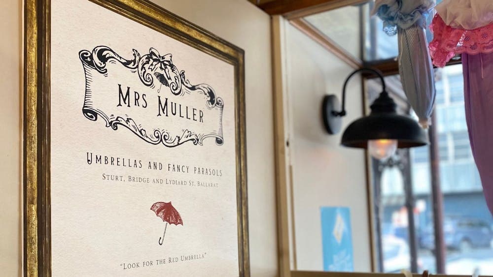 An image of a recreated sign inside Mrs Muller's umbrella and parasol shop