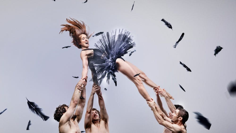 Acrobats hoisting another dressed as a ballet dancer, feathers fly everywhere