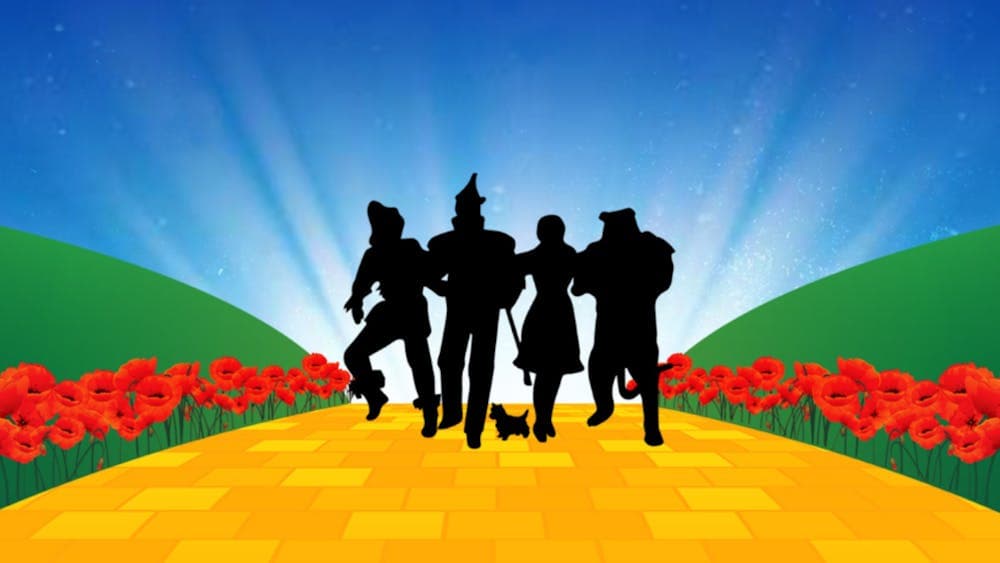 Silhouettes of the main characters on the Yellow Brick Road
