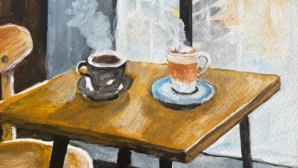Painting of a cafe scene with a small table, 2 hot coffees in front of a window with view of street.