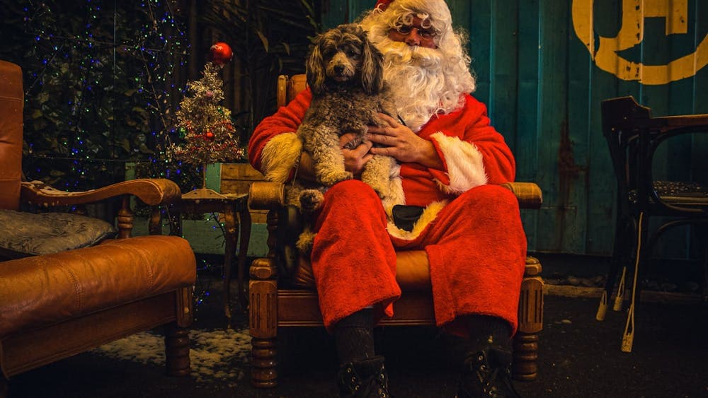 Santa sitting on a large chair with a small dog on his lap