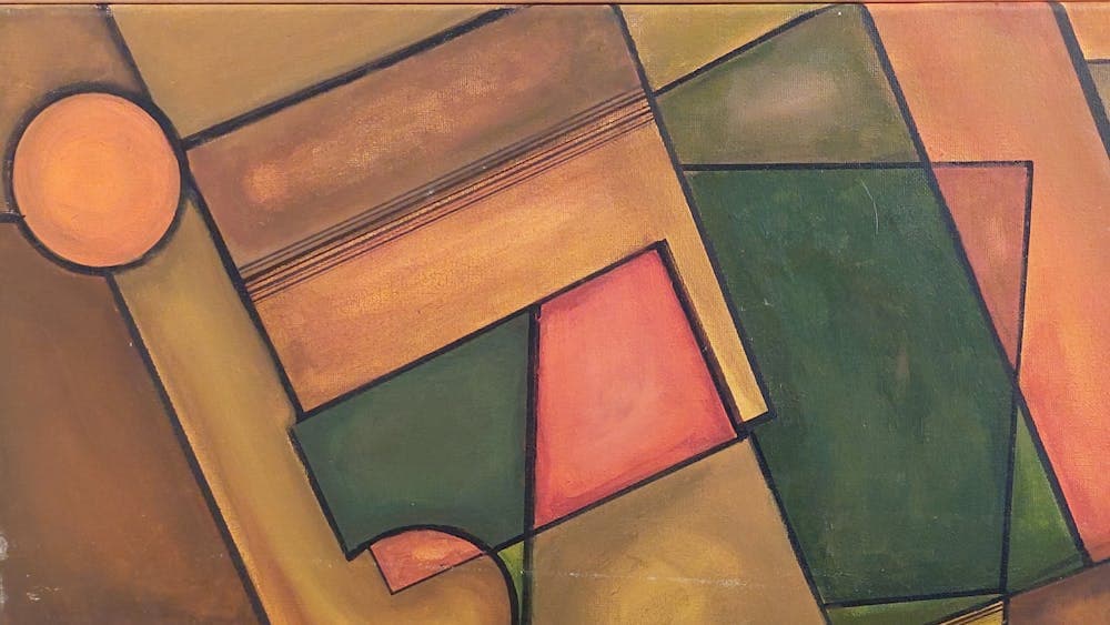 an acrylic abstract painting of geometric shapes in autumn tones.