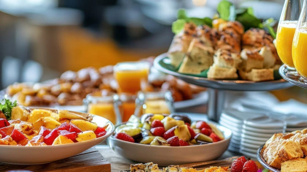 A buffet of fruit, smoothies, fresh juices and lean proteins breakfasts