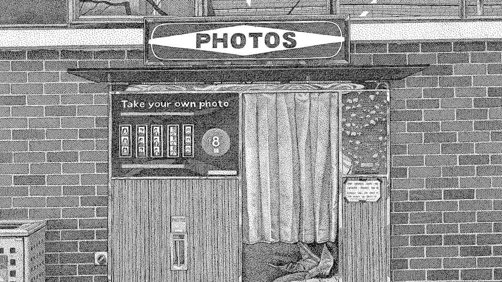 black and white drawing of person in a photobooth