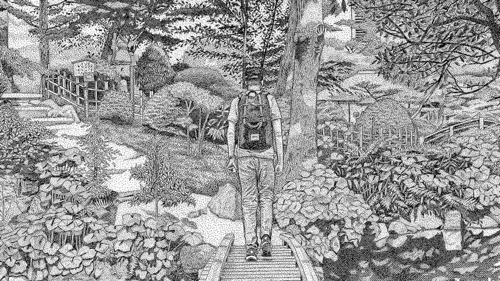 Man walking in gardens.  black and white drawing