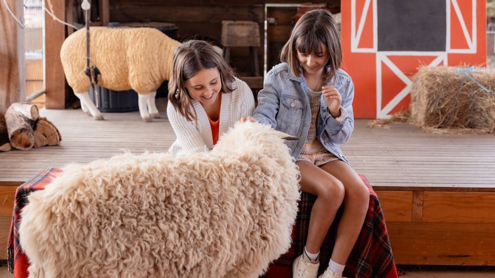 Two girls petting a sheep
