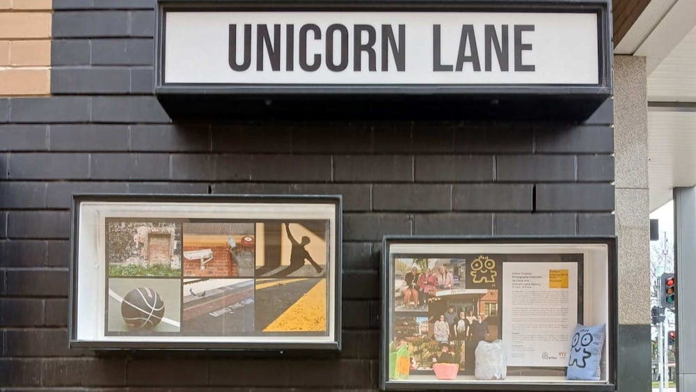 Three outdoor display boxes, two installed with multiple photographs on a brick wall.