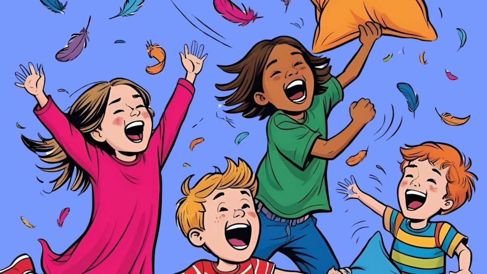 Animated image shows a small group of children playing with pillows and feathers for Pillowland
