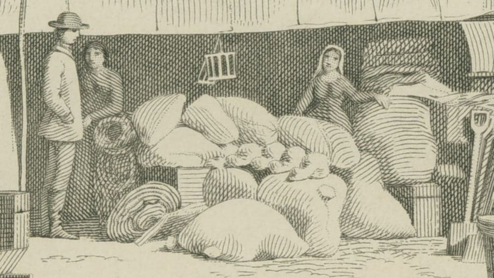 Thomas Ham, ‘Store at the Diggings’ [detail], 1854, lithograph. State Library of Victoria, H2918.