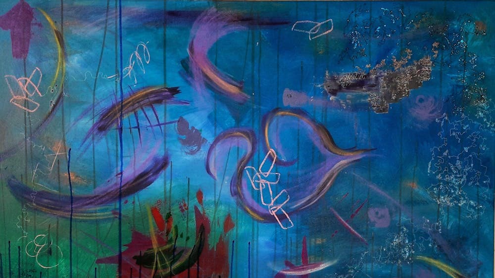 Using the colors of the ocean Cairi 's acrylic depicts the docean depths