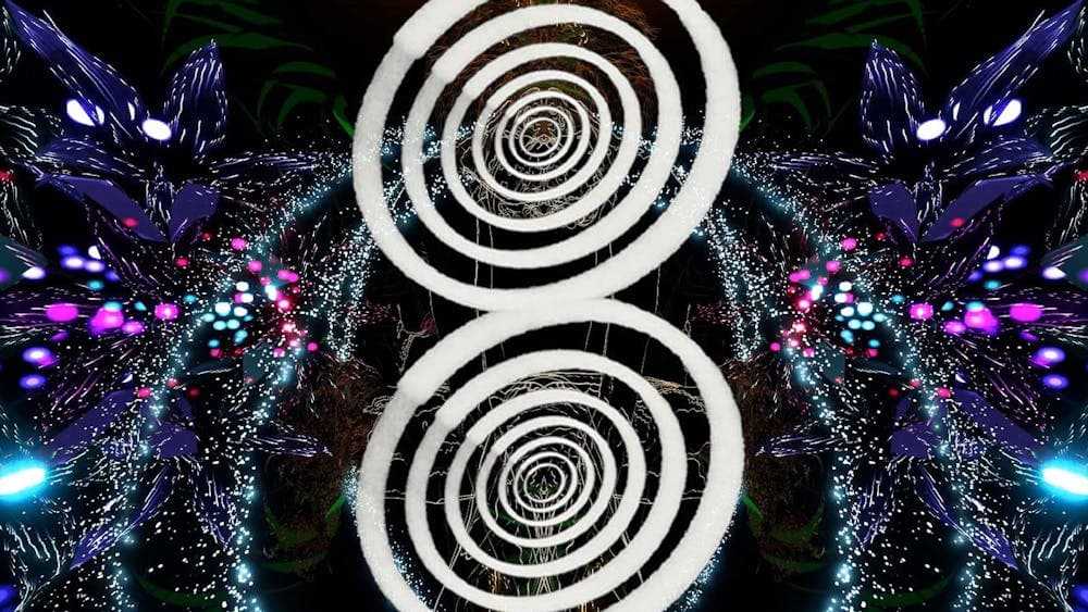 Still image of video projection from "8" Show, with "8" logo on it