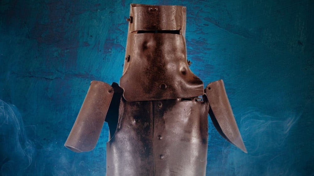 The iconic Ned Kelly armour on a mottled dark blue background