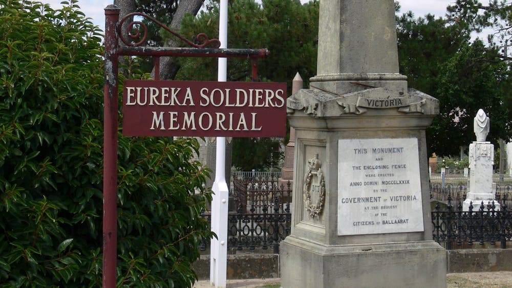 The opening procession of the Eureka Ceremony starting at the front gates of Ballarat Old Cemetery.