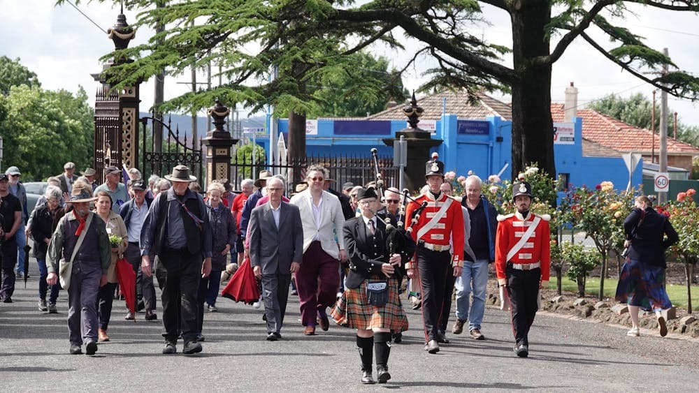 The opening procession of the Eureka Ceremony starting at the front gates of Ballarat Old Cemetery.