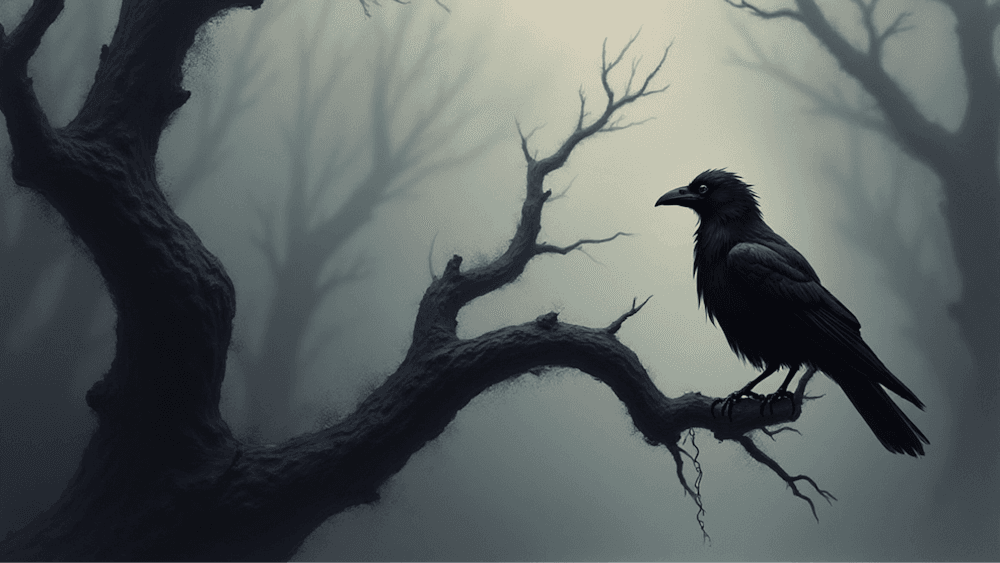 A crow sits in a gnarled tree, very gloomy background suggesting mystery and intrigue