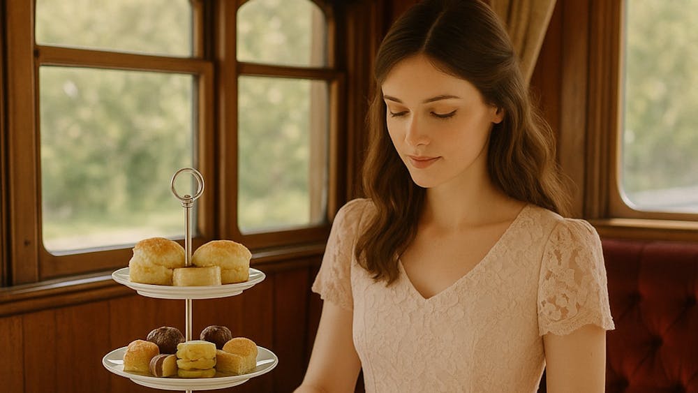 woman sitting with a tea cup and a stand of scones and sandwiches on a table in front of her