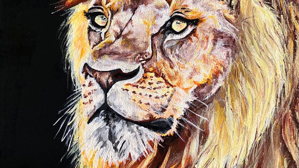 Acrylic painted male lion on a black background.
