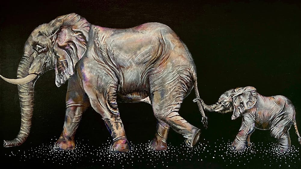 A mother and child African elephant painted in acrylic paint on a black background.