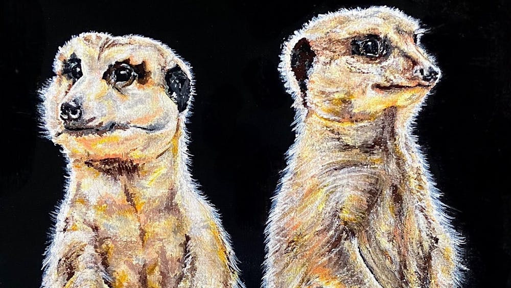 Two meerkats painted in acrylic paint on a black background.