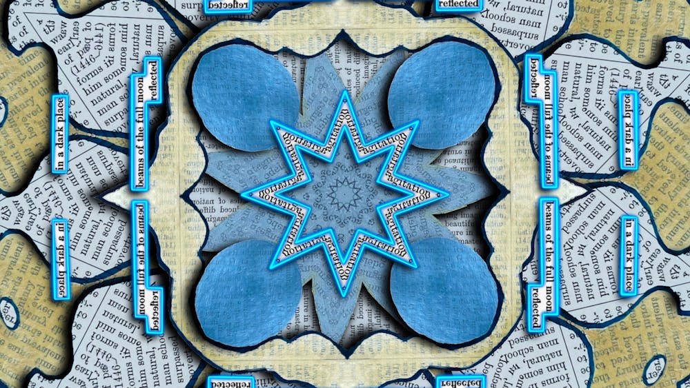 Digital creation with text placed in geometrical patterns on blue and yellow backgrounds.