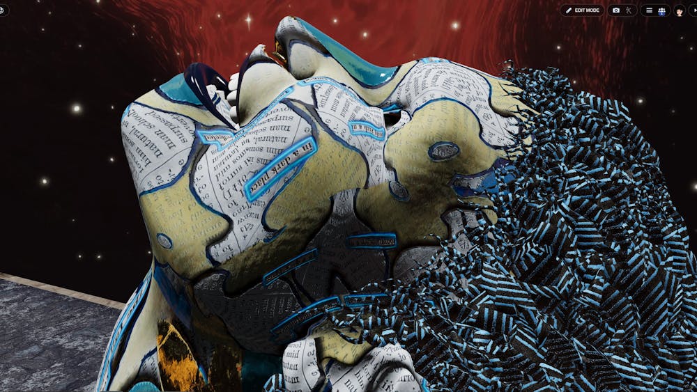 3D digital sculpture of a human head created using VISPO text to dress the face.