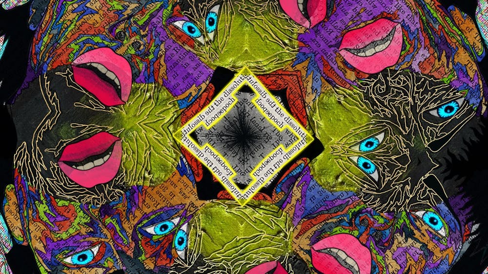 Digital creation, eyes, mouths placed in geometrical patterns, multicoloured.