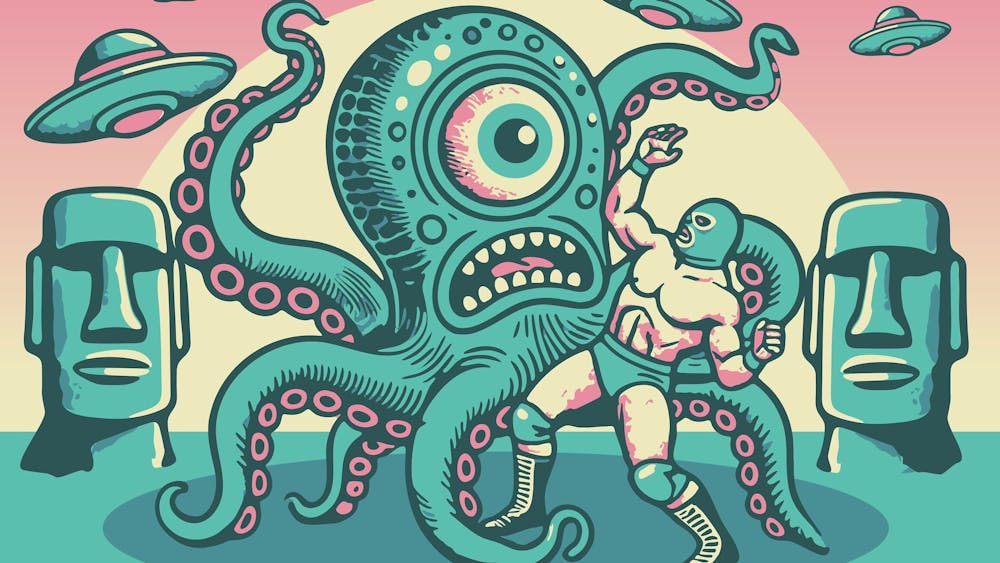 Green one eyed octopus grasping a wrestler with UFOs hovering above.