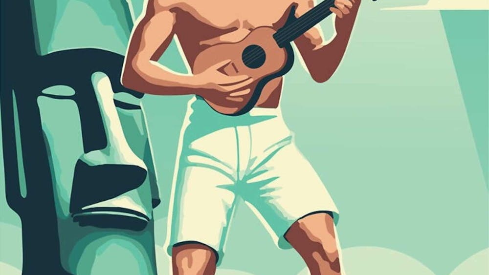 Surfer on a board playing a ukelele in the ocean with UFO above