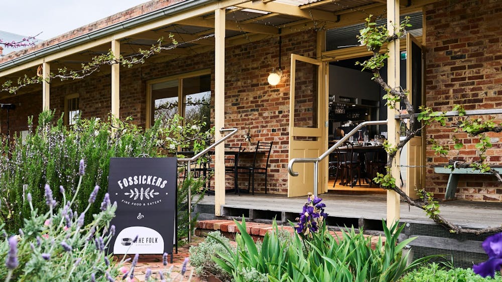 Garden view of the dining space at Fossickers
