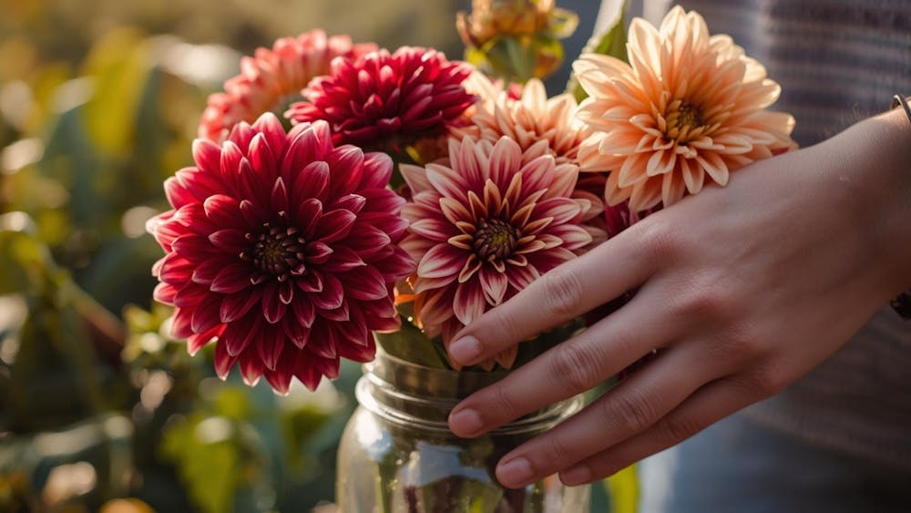 Freshly picked dahlias into a mason jar at The Paddock Lal Lal