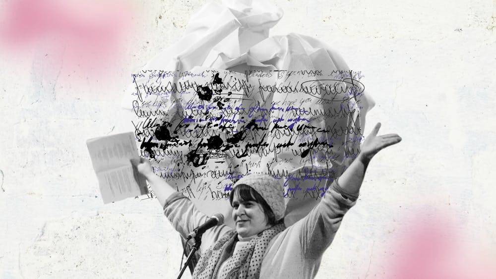 White & pink background. A ball of scrunched paper & scrawly writing.  A poet, arms raised at a mic.