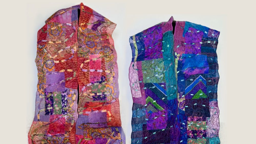 Two hand-dyed silk and felt scarves by Ballarat maker, Creative Connections exhibition