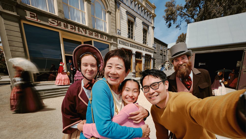 Family with costumed characters at Sovereign Hill