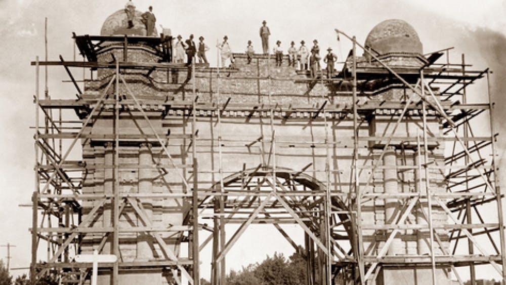 Ballarat Arch of Victory under construction surrounded by scaffolding