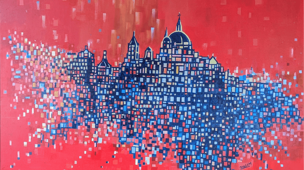 vibrant maroon background with a explosion of blue city stretching out with a central building