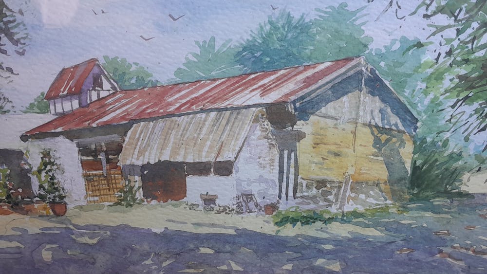 Derelict farm building with rusted roof, timber in watercolour