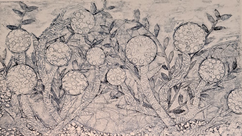 Subtle collagraph textured view of coastal foliage, rock & sand paynes grey ink