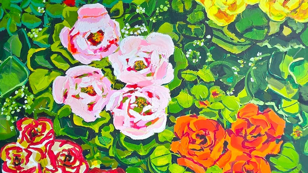 colourful flowers on a leafy background in acrylics in yellow, red, pink and orange.