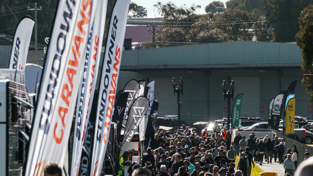 Crowds of people walking into the Outdoor Living & Caravan Expo