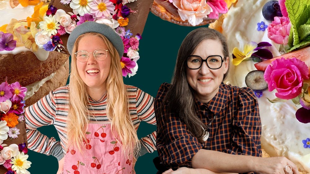 two women surrounded by images of cakes
