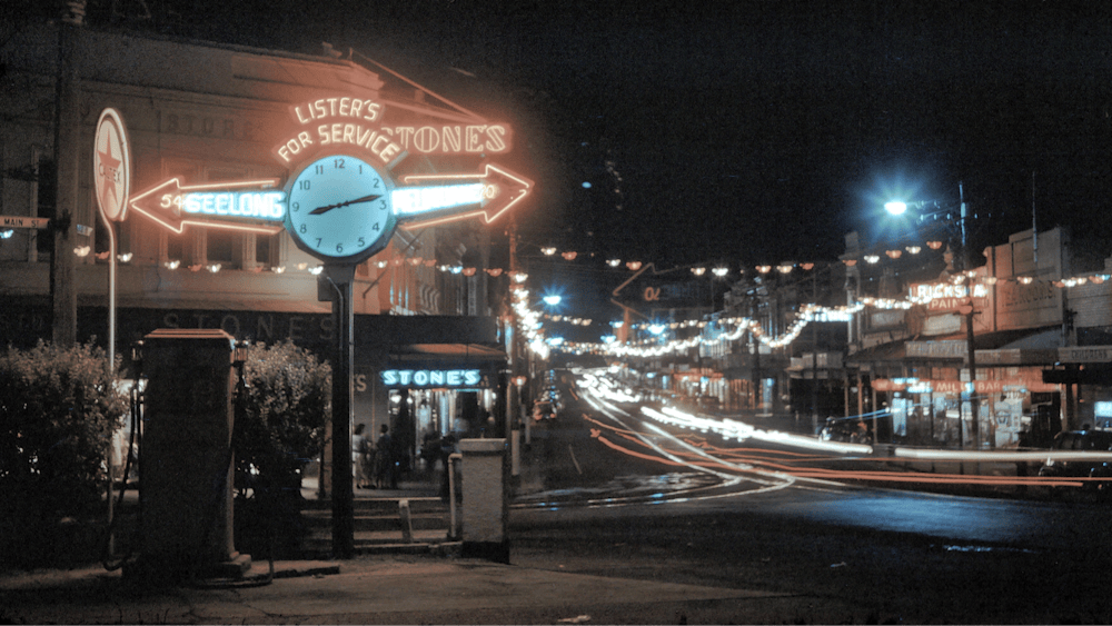image of Ballarat at night, long exposure lights creating streaks.
