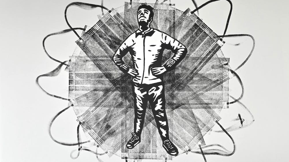 Black and white print of a man in front of Star