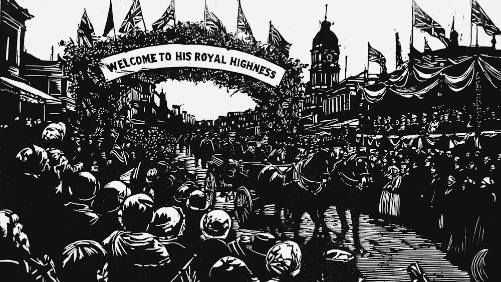 Linocut print of  a street scene showing Ballarat people welcoming Prince ALfred in 1868