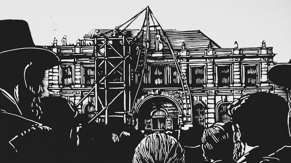 Linocut print of a statue being lifted to the top of a building in 1859