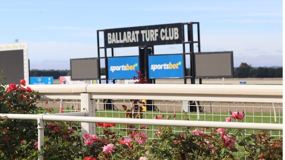 A trackside photo observing the winning post with roses and white rail in the foreground.