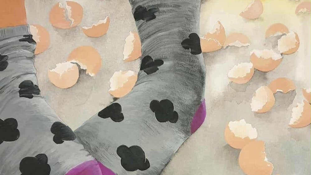 Painting of socked feet walking on egg shells