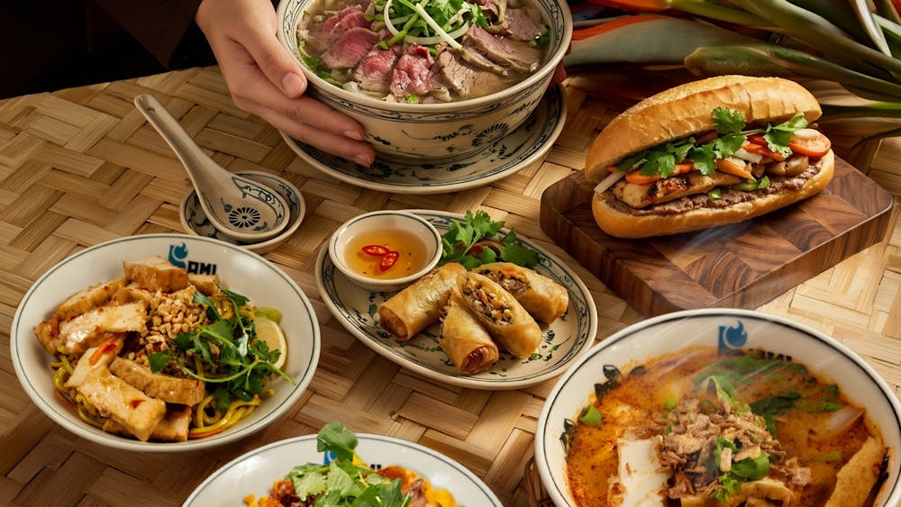 Bami Vietnamese signature dishes arranged on a bamboo mat  with lovely culture food
